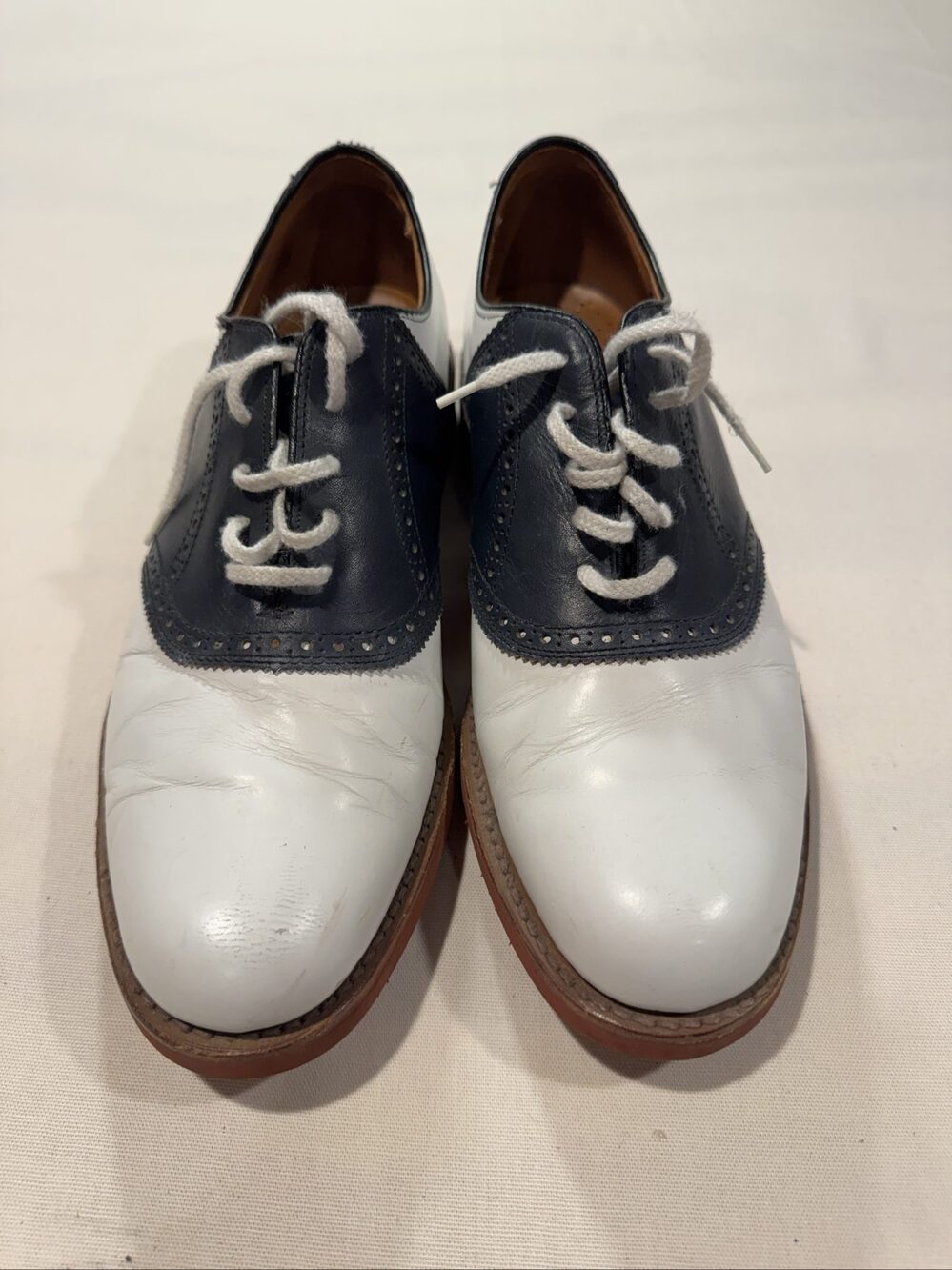 Men’s Lands’ End Direct Merchants Leather Saddle Golf Shoes – White Navy – 11 D